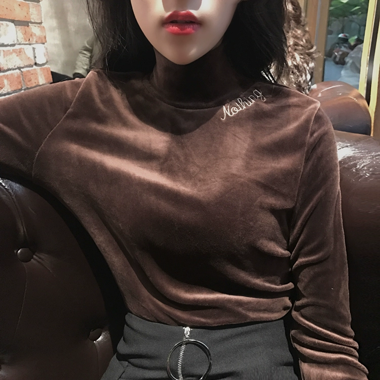 韓國復古chic秋鼕時尚百搭字母刺繡打底衫修身純色高領長袖T恤女