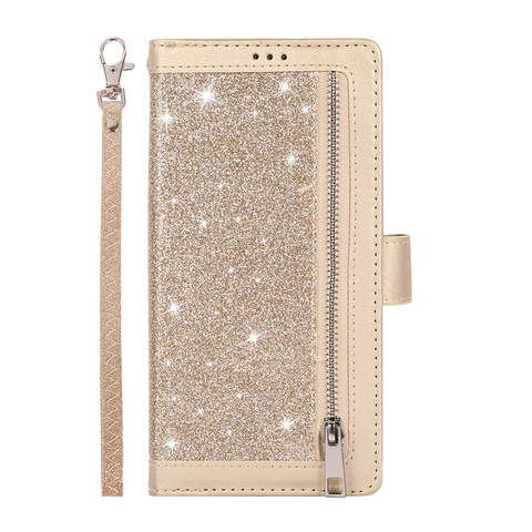 Gold — Shiny Glitter Bling Girls Wallets Folio Flip Magnetic Synthetic Leather Card Holder Folding Stand S23, S23 Plus, S23
