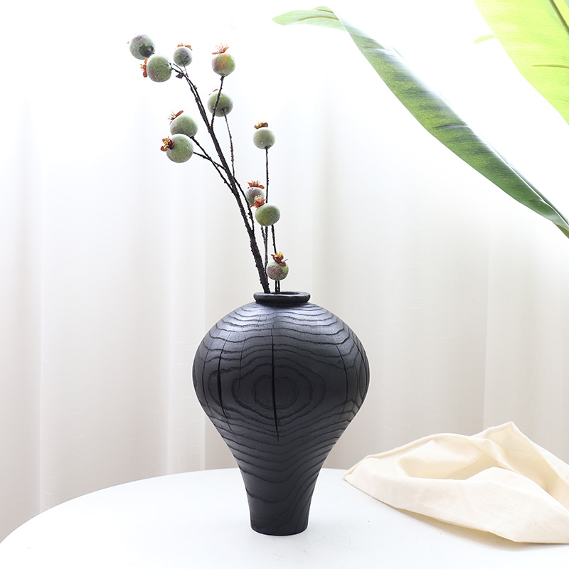 Black Ball Wooden Narrow Mouth Vase round Belly Vintage Bed & Breakfast Zen Japanese Style Design Decoration