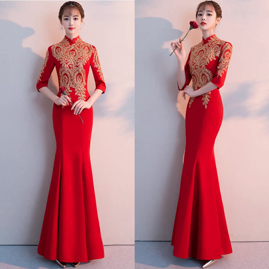 robe de soirée femme 2019 chinoises à l'article digne atmosphère de banquet rouge toast vêtements rétro long paragraphe cheongsam robe robe de soirée femme 2019 chinoises à l'article digne atmosphère de banquet rouge toast vêtements rétro long paragraphe cheongsam robe