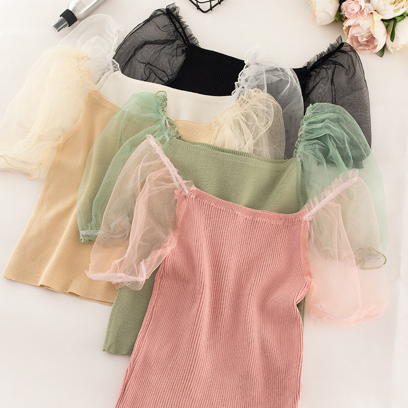 เสื้อผ้าผู้หญิง H243网纱泡泡袖拼接超仙针织衫女夏季修身短款露脐上衣百搭短袖  