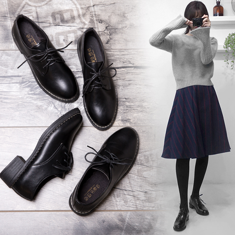 加絨黑色小皮鞋新款百搭秋季韓版低跟平底單鞋繫帶學生原宿女鞋鼕