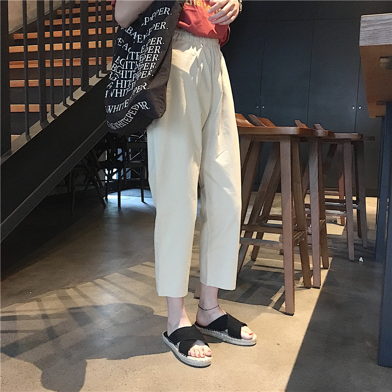 復古韓國chic風夏季女裝百搭時尚高腰顯瘦純色七分休閑褲女褲子