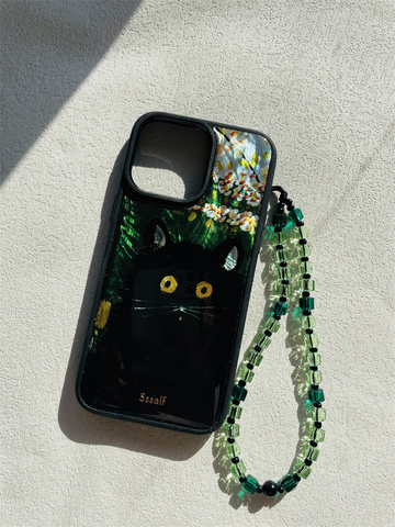 Ssself Artsy Black Cat Unique Bead Wrist Lanyard Strap 14, 13, 12 iPhone Case
