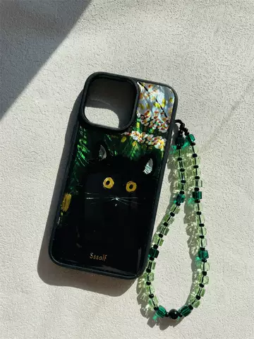 Ssself Artsy Black Cat Unique Phone Cases Covers Bead Wrist Lanyard Strap iPhone 14, iPhone 13, iPhone 12