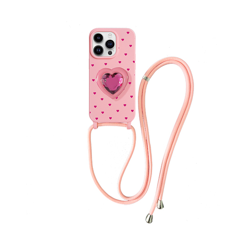 Girls Ruby Heart Telescopic Grip Stand With Crossbody Lanyard Strap Phone Case