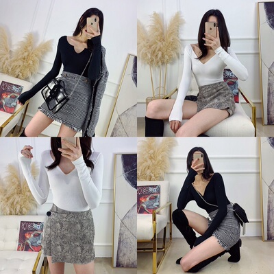 LIVIA基础好搭细螺纹性感小V领纯色长袖T恤打底衫修身内搭连体衣-淘宝网