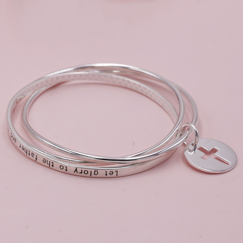 r Ellie silver han edition of English original three hoop silent s999 pure fine silver bracelet round card bible cross
