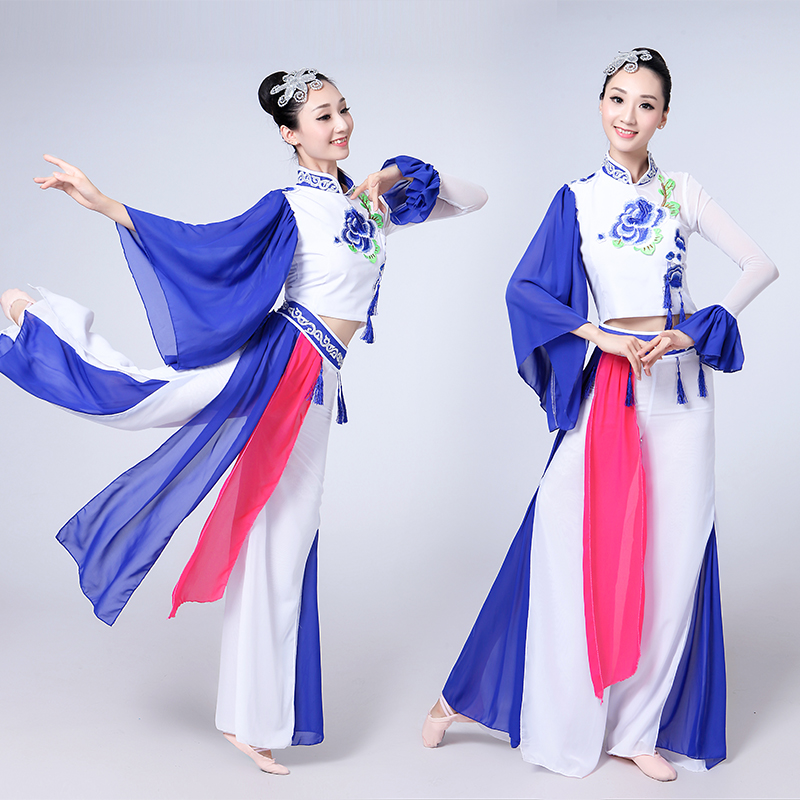 古典舞蹈服裝演出服女飄逸傘舞團扇舞蹈表演服飾新款青花瓷民族舞