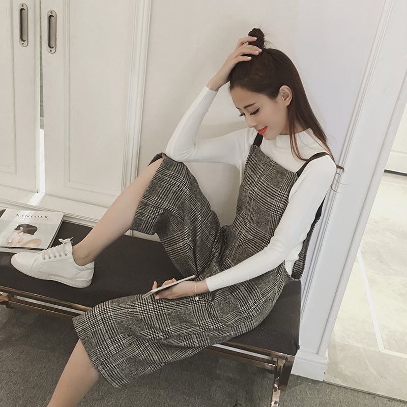 2017韓版春季新款格子寬松背帶闊腿九分大版型低腰連體褲學生女褲