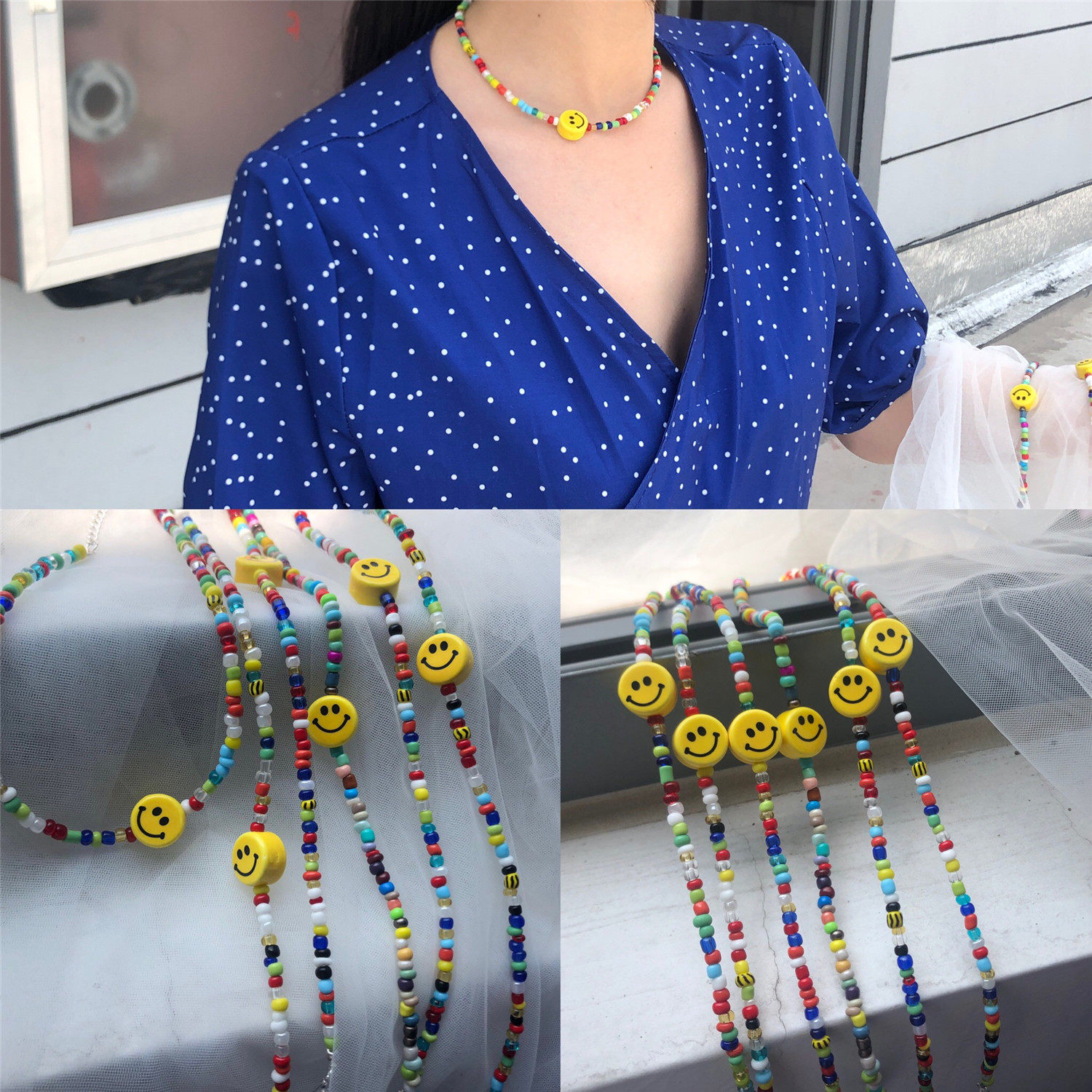 เครื่องประดับ สร้อยคอ ลูกปัด lisa同款笑脸项链blackpink智秀笑脸项圈泫雅彩色串珠项链GD笑脸  