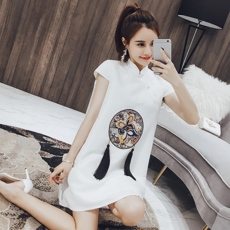 new chinese young girl daily embroidered modern improved cheongsam white dress silk travel 2023 summer