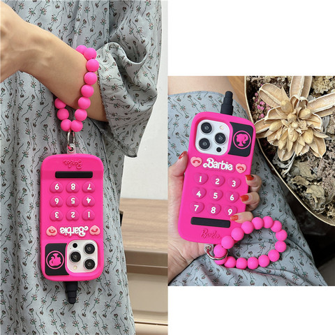 Girls Barbie Mobile Phone 3D Silicone TPU With Beaded Wrist Strap IiPhone 15, 14, 13, 12, 11 iPhone Case