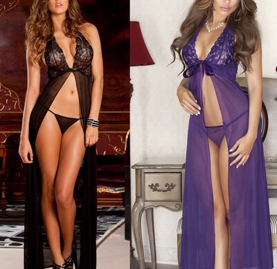 欧美透视诱惑情趣内衣性感中长款吊带开衩透明睡衣睡裙丁字裤套装-淘宝网