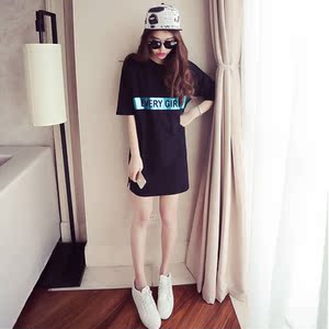 2019夏季新品韩版宽松字母印花时尚中长款短袖T恤女学生连衣裙潮