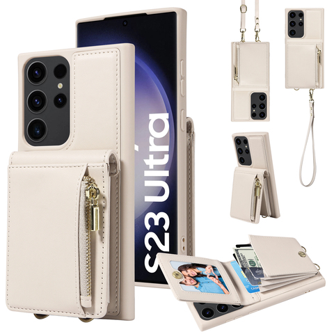 White — Business Leather Zipper Coin Card Holder Wallet Crossbody Lanyard Strap S23, S23 Plus, S23 Ultra, S22, S22 Plus, S22