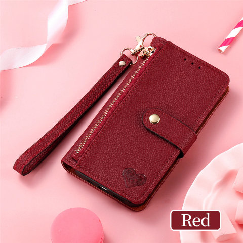 Red — Hearts Wallets Folio Flip Magnetic Synthetic Leather Card Holder Folding Stand With Wrist Lanyard Strap 8, 8 Pro, 7, 7