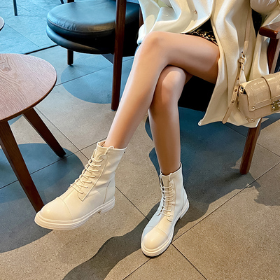 米白色马丁靴女2021新款夏季薄款内增高短靴春秋单靴瘦瘦靴镂空网