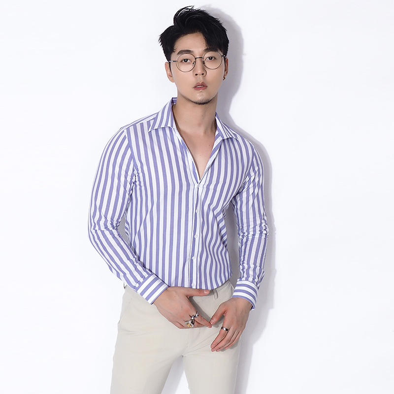 chuan ze hommes longue manches v-cou violet chemise rayée 2019 british style slim fit fashion joker chemise en coton respirant chuan ze hommes longue manches v-cou violet chemise rayée 2019 british style slim fit fashion joker chemise en coton respirant