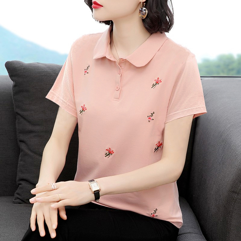 韩版妈妈短袖t恤女宽松纯棉女装夏装2020新款翻领大码polo衫体桖