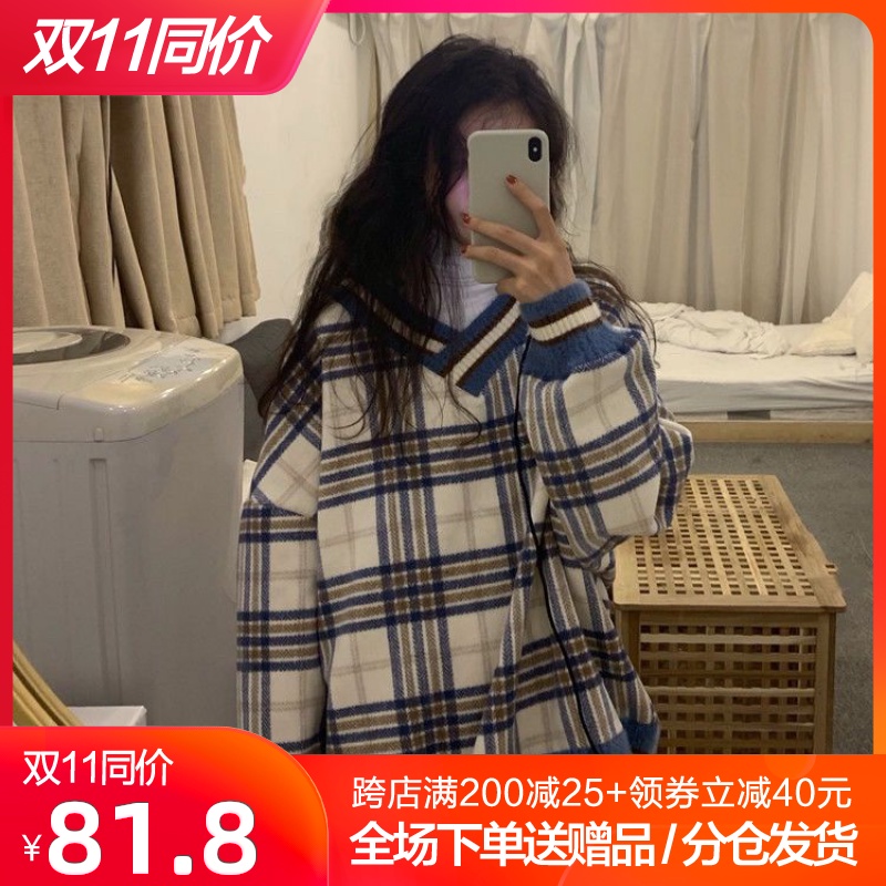 秋冬卫衣女先生两件套保暖加绒加厚拼色v领格子韩版宽松套头外套