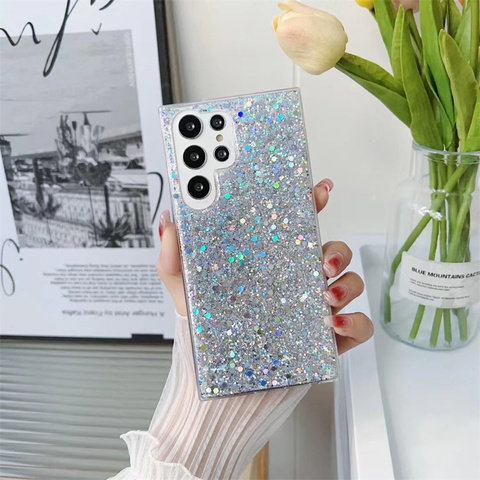 Silver — Girls Shiny Glitter Bling Silicone TPU S23, S23 Plus, S23 Ultra, S22, S22 Plus, S22 Ultra, S21, S21 Plus, S21 Ultra