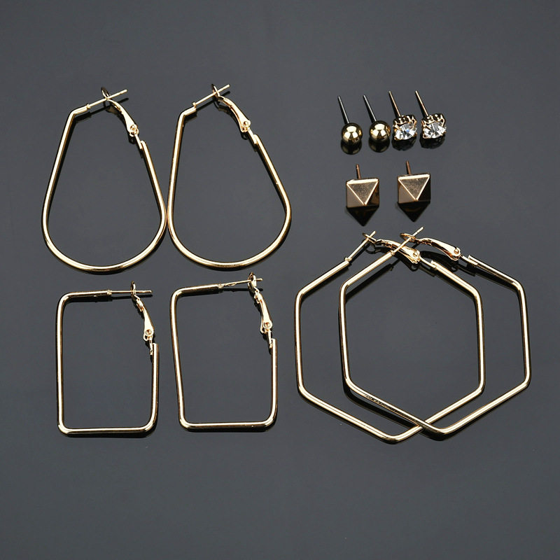 ต่างหู 韩国气质个性网红新潮秋冬款6对水钻珍珠套装几何耳圈个性耳环钉  