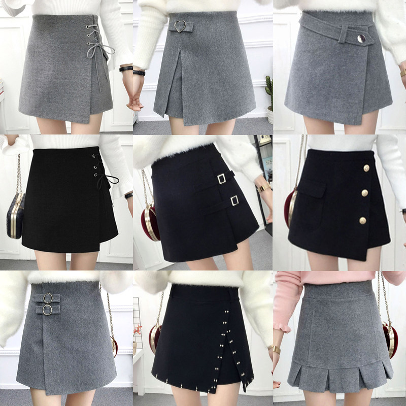 กระโปรง 2019新款冬季秋季韩版毛呢短裤女百搭高腰秋冬款外穿靴裤阔腿裙裤  