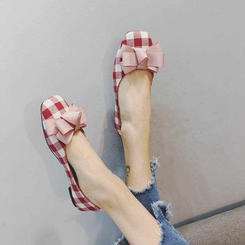 韓版2017春夏季時尚新款女鞋蝴蝶結豆豆淺口方頭低跟平底格子單鞋