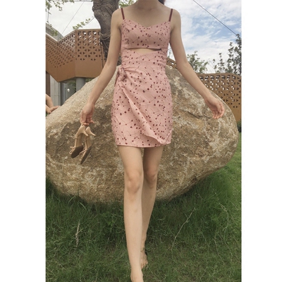 MISS J 桔梗印花 丝绒吊带露胃连衣裙 后背松紧-淘宝网