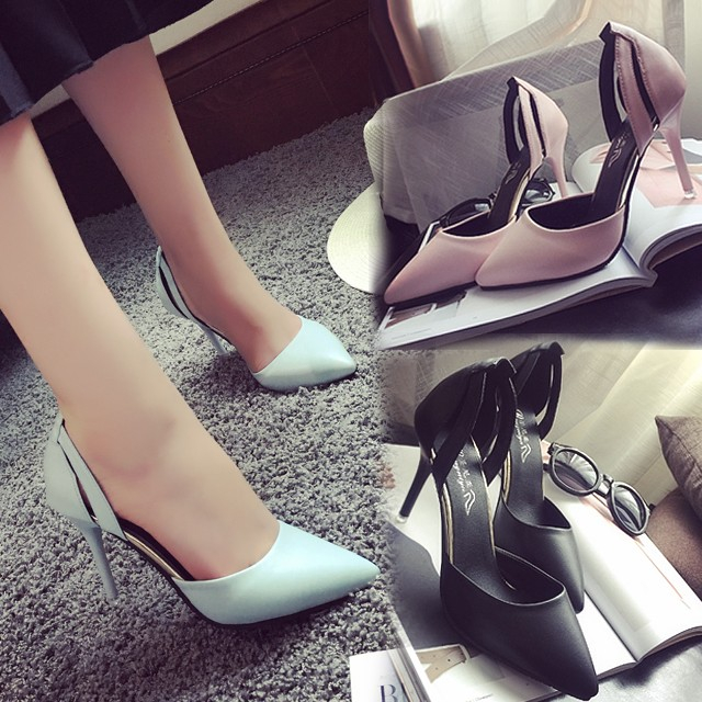 2017春夏季新款韓版鏤空藍色高跟鞋尖頭性感細跟包頭涼鞋中空女鞋