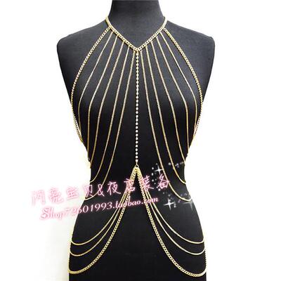 欧美胸链酒吧DS女歌手DJ肩链演出服性感时尚金色胸链长款身体链-淘宝网