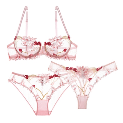 少女美屋网纱刺绣文胸蕾丝透明粉色樱桃系列内衣内裤丁字裤三件套-淘宝网