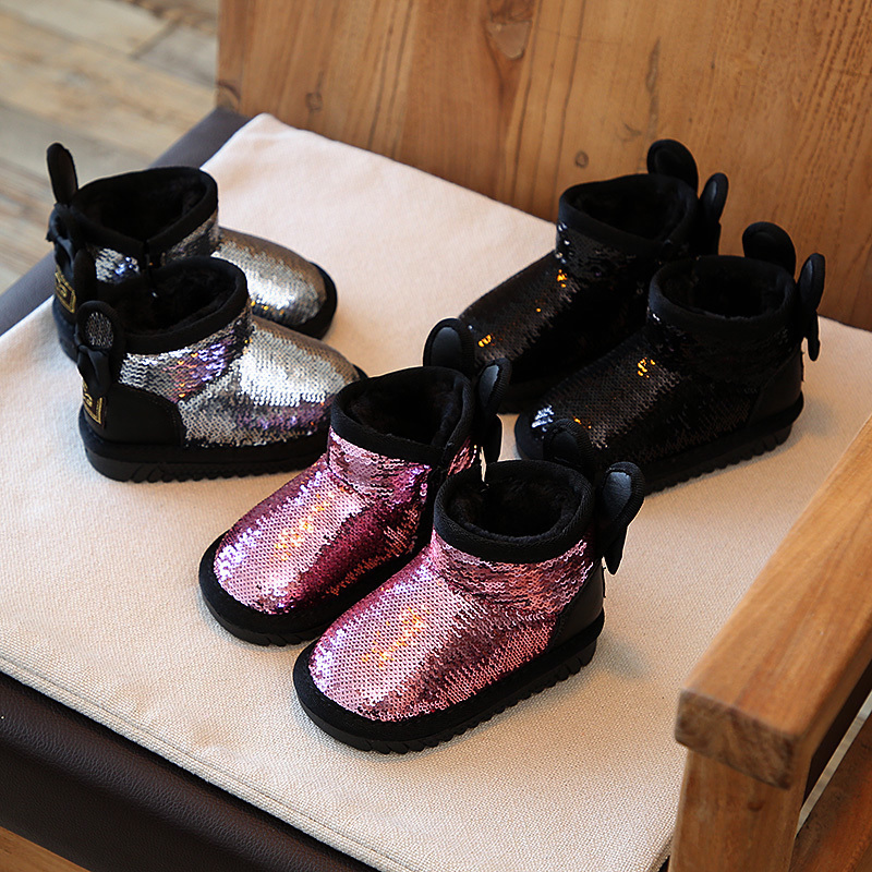 鼕新款兒童亮片雪地靴嬰兒軟底學步鞋寶寶加絨棉鞋男女童保暖短靴