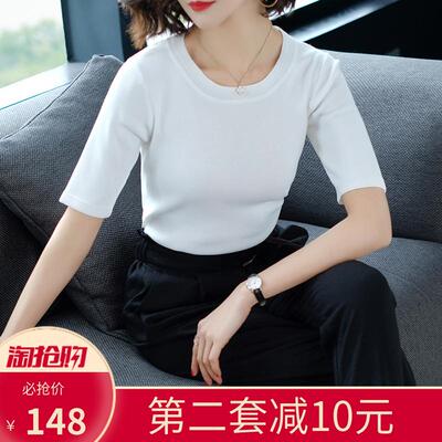 女款半袖新款2018女装夏装潮t恤 时尚女30-35岁夏季5分袖紧身短袖-淘宝网