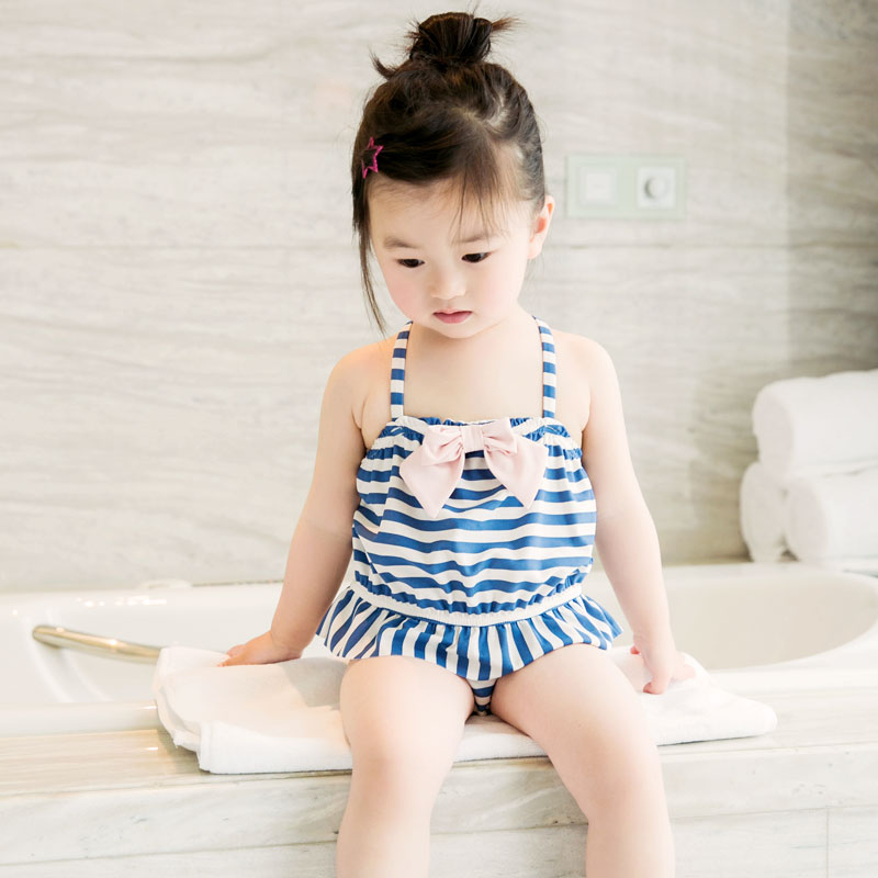 兒童泳衣連體女孩條紋中小童女寶寶泳裝套裝2-3-5-8歲女童遊泳衣