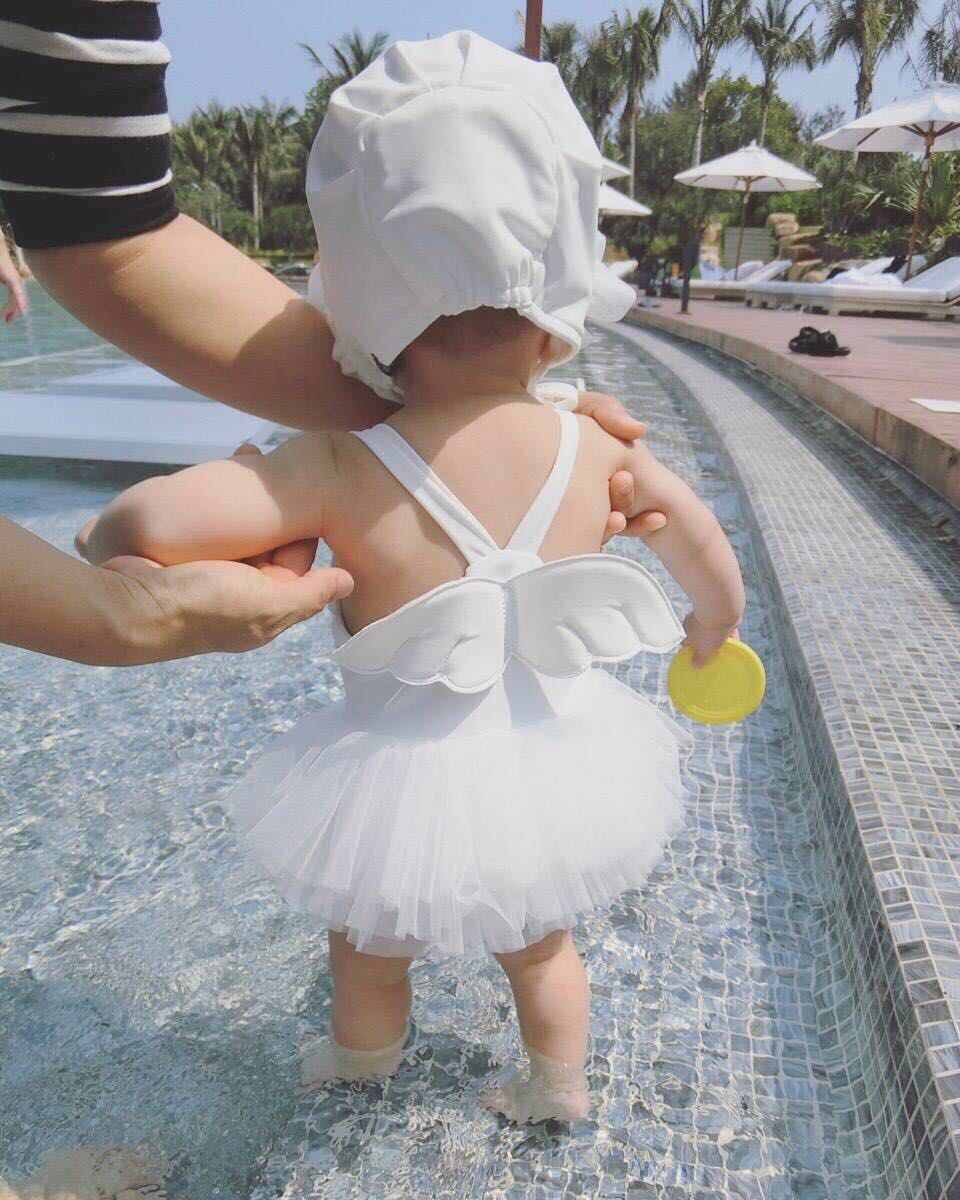 韓國嬰兒童遊泳女童泳衣連體小天使翅膀泳裝公主女寶寶裙式紗紗裙