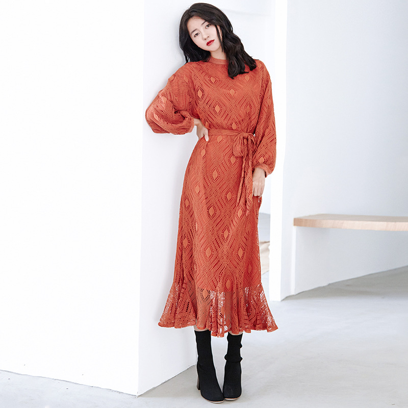 韓國長袖蕾絲連衣裙秋鼕女裝2017新款顯瘦中長款純色荷葉邊魚尾裙