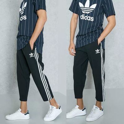 阿迪达斯三叶草黑白经典三条纹运动休闲九分裤男 BK00