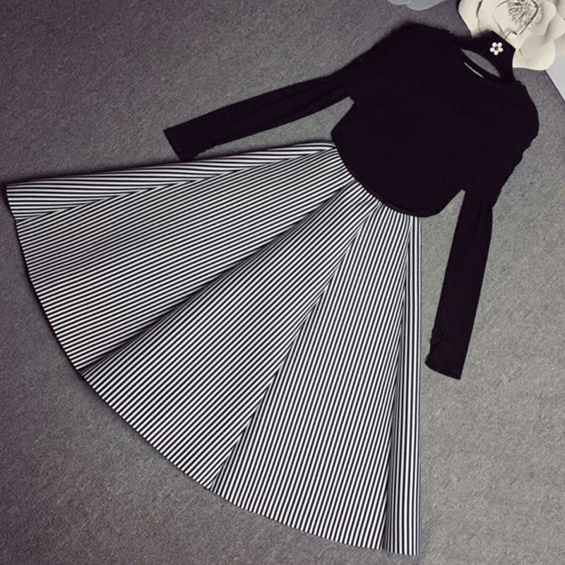 太空棉黑白條紋蓬蓬裙