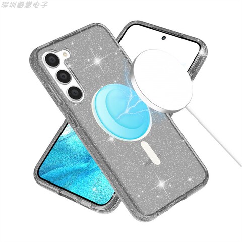 Gray — Girls Transparent Clear Shiny Glitter Bling Silicone TPU Magsafe Magnetic S23, S23 Plus, S23 Ultra Samsung Phone Case