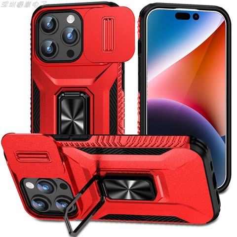 Red — Armor Drop Resistant Tough Shockproof Metal Kickstand Folding Stand Airbag 4 Corner Shock Absorbing 15, 15 Plus, 15