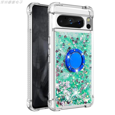 Green — Girls Shiny Liquid Quicksand Glitter Bling Silicone TPU With Ring Finger Holder Kickstand 8, 8 Pro Google Pixel Phone