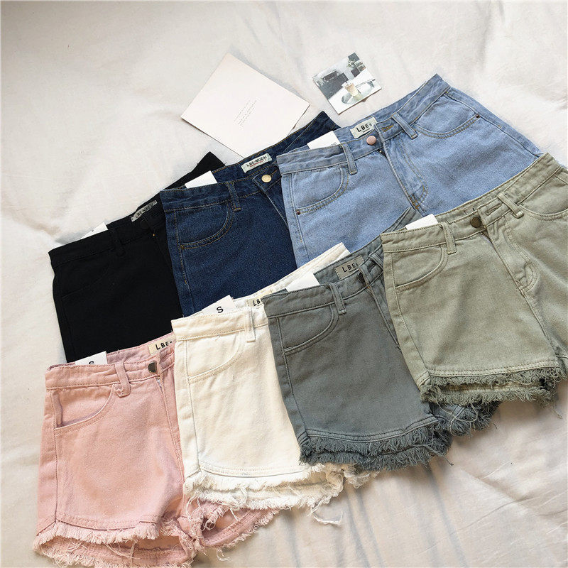 กางเกงยีนส์ขาสั้น RENA百搭单品复古少女休闲感须边裤脚高腰显瘦百搭糖果色牛仔短裤  