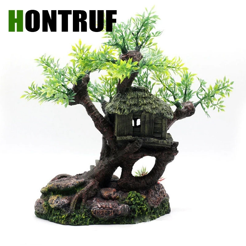 Fish Tank Rockery Landscape Tree House Aquarium Decoration Rockery Stone Package Fake Water Grass Tree House Creative Wooden House Decoration