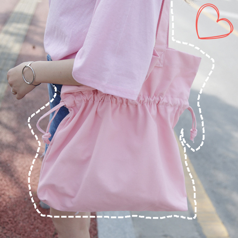 韓國ulzzang清新抽繩帆布單肩包學生文藝女手提包簡約環保購物袋