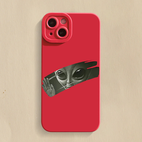 Red — Alien In Window Illustration New Matte Silicone TPU 15, 14, 13, 12, 11 iPhone Case
