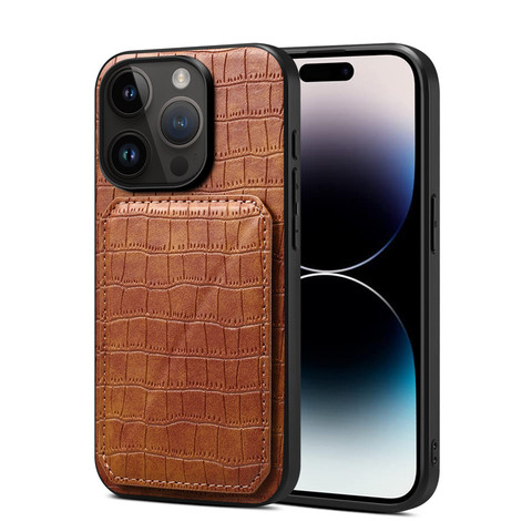 Brown — Crocodile Synthetic Leather Creative Kickstand Folding Stand Card Holder 15, 15 Plus, 15 Pro, 15 Pro Max iPhone Case