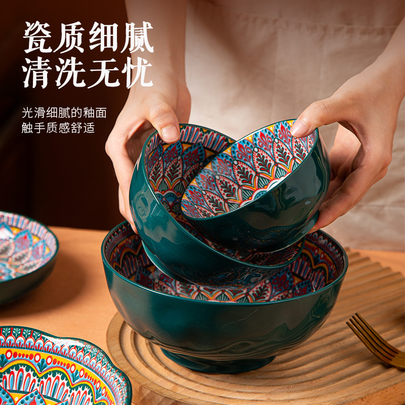 bohemian bowl and dish household retro tableware ceramic rice bowl binaural soup bowl noodle bowl large bowl