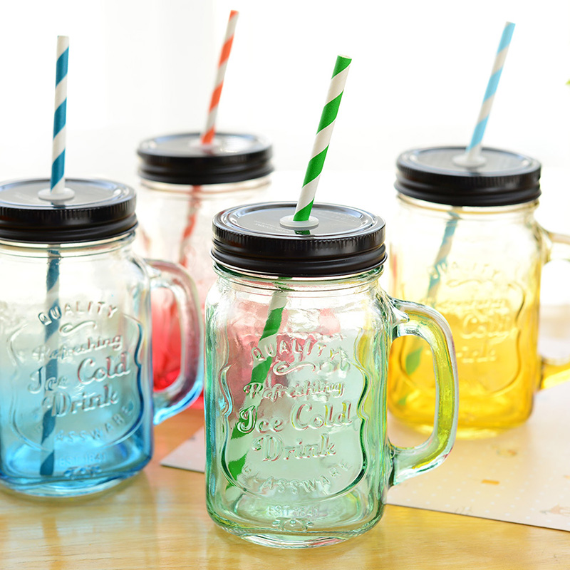 south korea creative straw mason cup personality couple color lemon juice drink glass water cup with lid coctail glass